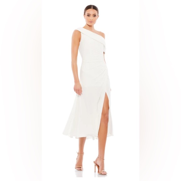 MAC DUGGAL RUCHED OFF-THE-SHOULDER MIDI DRESS NWT 0 - Picture 1 of 8